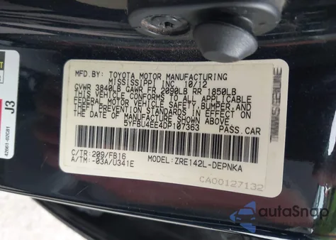 2013 Toyota Corolla Le from USA, damaged, VIN 5YFBU4EE4DP107363